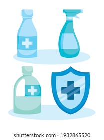 conjunto de botellas de alcohol y de saneamiento