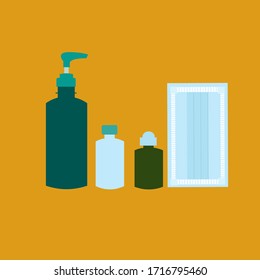 Alcohol sanitizer gel, liquid soap, and medical mask for coronavirus or COVID-19 protection top view on orange color background.