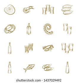 Alcohol and Seafood set. Background for printing, design, web. Usable as icons. Binary color.