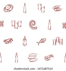 Alcohol and Seafood set. Background for printing, design, web. Usable as icons. Seamless. Binary color.