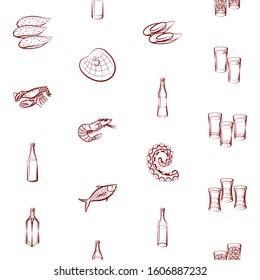 Alcohol and Seafood set. Background for printing, design, web. Usable as icons. Seamless. Binary color.