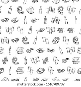 Alcohol and Seafood set. Background for printing, design, web. Usable as icons. Seamless. Monochrome binary, black and white.
