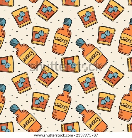 Alcohol is a seamless pattern. Whiskey and a glass. Doodle illustration, vector. can be used for designing bar menus, promotional materials
