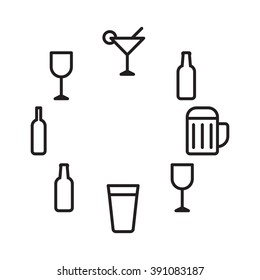 Alcohol set, beer cup, wine glass, wine bottle, cocktail, beer bottle outline icon flat vector on white background. Theme for cafe and restaurant.