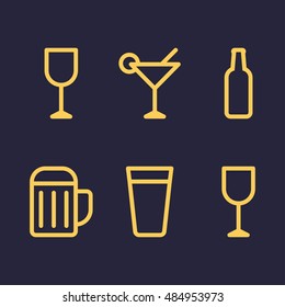 Alcohol set, beer cup, wine glass, cocktail, beer bottle outline icon flat vector on dark background. Theme for cafe and restaurant.