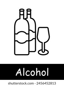 Symbol "Alkoholset". Flasche, Binge, Trauben, Fermentation, Alterung, Aufruhr, Angst, natürliche Produkte, Sommelier, Grad Getränk, Verkostung, Liebe zu Alkohol, schwarze Linien auf weißem Hintergrund. Arbeitskonzept Wein.