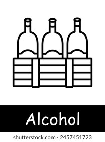 Symbol "Alkoholset". Flasche, Schachtel, Trauben, Fermentation, Alterung, Aufruhr, Angst, natürliche Produkte, Sommelier, Grad Getränk, Verkostung, Liebe zu Alkohol, schwarze Linien auf weißem Hintergrund. Arbeitskonzept Wein.