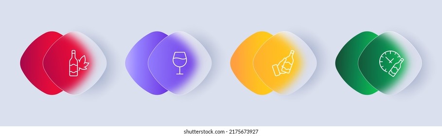 Alcohol set icon. Bottle, glass, leaf, wine, grape, clock, time, aging, restaurant. Drink concept. Glassmorphism style. Vector line icon for Business and Advertising.
