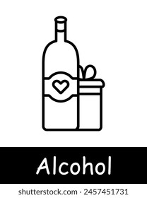 Symbol "Alkoholset". Flasche, Herz, Trauben, Fermentation, Alterung, Aufruhr, Angst, natürliche Produkte, Sommelier, Grad Getränk, Verkostung, Liebe zu Alkohol, schwarze Linien auf weißem Hintergrund. Arbeitskonzept Wein.