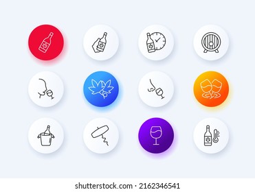 Alcohol set icon. bottle, wine, wine glass, time, barrel, drink, drunk, grapes, corkscrew, thermometer, sniff, aroma. Tasting concept. Neomorphism style. Vector line icon for Business and Advertising.