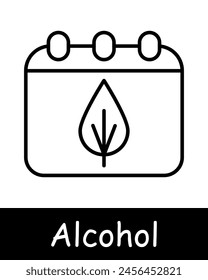 Alcohol set icon. Calendar, grapes, fermentation, aging, turmoil, anxiety, natural products, sommelier, drink with degree, tasting, leaves, snack, black lines on white background. Wine work concept.