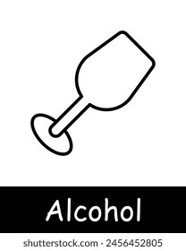 Alcohol set icon. Glass, grapes, fermentation, aging, goblet, natural products, sommelier, drink with degree, tasting, leaves, snack, cheese, black lines on white background. Wine work concept.
