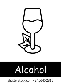 Alcohol set icon. Glass, grapes, fermentation, aging, goblet, natural products, sommelier, drink with degree, tasting, leaves, snack, cheese, black lines on white background. Wine work concept.