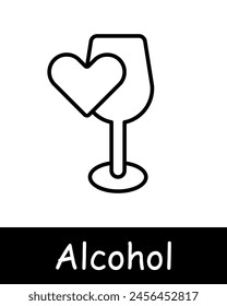 Alcohol set icon. Glass, grapes, fermentation, aging, goblet, natural products, sommelier, drink with degree, tasting, leaves, snack, heart, black lines on white background. Wine work concept.