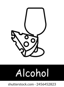 Alcohol set icon. Glass, grapes, fermentation, aging, goblet, natural products, sommelier, drink with degree, tasting, leaves, snack, cheese, black lines on white background. Wine work concept.