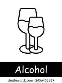 Alcohol set icon. Glass, grapes, fermentation, aging, goblet, natural products, sommelier, drink with degree, tasting, leaves, snack, cheese, black lines on white background. Wine work concept.