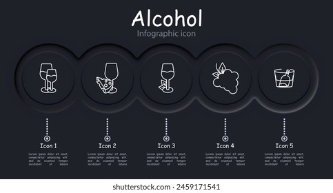 Alcohol set icon. Glass, grapes, fermentation, infographic, aging, bottles, natural products, neomorphism, sommelier, drink with degree, tasting, leaves, cooling, snack, cheese. Wine work concept.