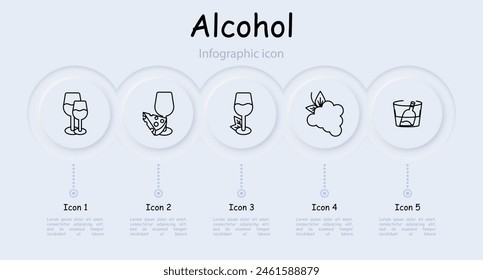 Alcohol set icon. Glass, grapes, fermentation, infographic, aging, bottles, natural products, neomorphism, sommelier, drink with degree, tasting, leaves, cooling, snack, cheese. Wine work concept.