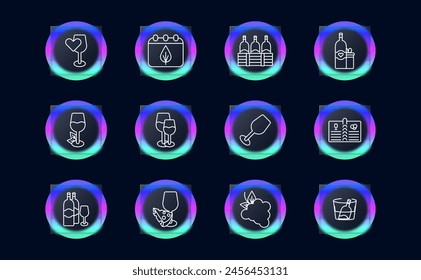 Alcohol set icon. Glass, heart, grapes, fermentation, calendar, aging, bottles, natural products, sommelier, drink with degree, tasting, leaves, cooling, snack, glassmorphism. Wine work concept.