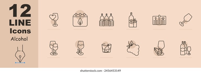 Alcohol set icon. Glass, heart, grapes, fermentation, calendar, aging, bottles, natural products, menu, sommelier, drink with degree, tasting, leaves, cooling, snack, cheese. Wine work concept.