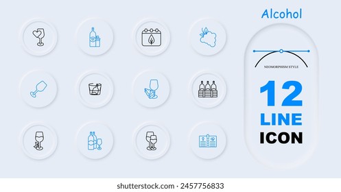 Alcohol set icon. Glass, heart, grapes, fermentation, calendar, aging, bottles, natural products, menu, sommelier, drink with degree, tasting, leaves, cooling, snack, neomorphism. Wine work concept.