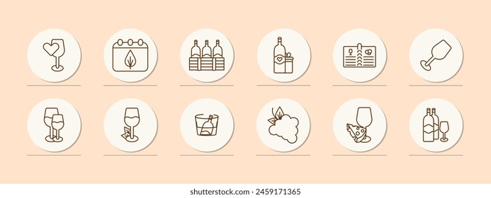 Alcohol set icon. Glass, heart, grapes, fermentation, calendar, aging, bottles, natural products, menu, sommelier, drink with degree, tasting, leaves, cooling, snack, cheese. Wine work concept.