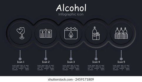 Alcohol set icon. Glass, heart, grapes, fermentation, calendar, aging, bottles, natural products, menu, sommelier, drink with degree, tasting, leaves, cooling, infographic. Wine work concept.