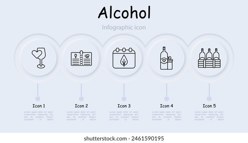 Alcohol set icon. Glass, heart, grapes, fermentation, calendar, aging, bottles, natural products, menu, sommelier, drink with degree, tasting, leaves, cooling, infographic. Wine work concept.