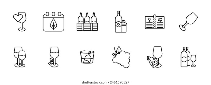 Alcohol set icon. Glass, heart, grapes, fermentation, calendar, aging, bottles, natural products, menu, sommelier, drink with degree, tasting, leaves, cooling, snack, cheese. Wine work concept.