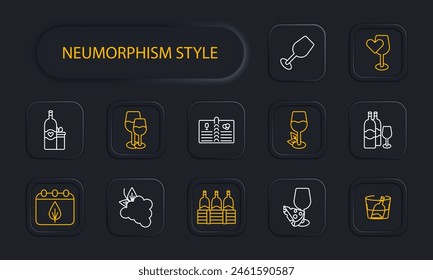 Alcohol set icon. Glass, heart, grapes, fermentation, calendar, aging, bottles, natural products, menu, sommelier, drink with degree, tasting, leaves, cooling, snack, neomorphism. Wine work concept.