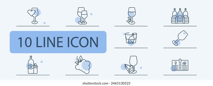 Alcohol set icon. Glass, heart, grapes, fermentation, calendar, aging, bottles, natural products, menu, sommelier, drink with degree, tasting, leaves, cooling, snack, cheese. Wine work concept.