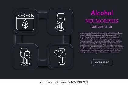 Alcohol set icon. Glass, heart, grapes, fermentation, calendar, aging, bottles, natural products, menu, sommelier, drink with degree, tasting, leaves, cooling, neomorphism. Wine work concept.