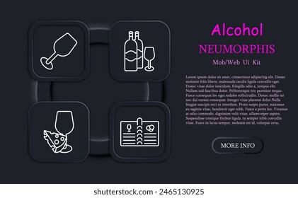 Alcohol set icon. Glass, heart, grapes, fermentation, calendar, aging, bottles, natural products, menu, sommelier, drink with degree, tasting, leaves, cooling, neomorphism. Wine work concept.