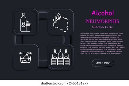 Alcohol set icon. Glass, heart, grapes, fermentation, calendar, aging, bottles, natural products, menu, sommelier, drink with degree, tasting, leaves, cooling, neomorphism. Wine work concept.