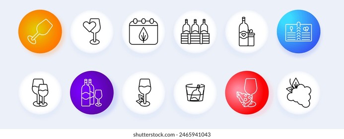 Alcohol set icon. Glass, heart, grapes, fermentation, calendar, aging, bottles, natural products, menu, hops, alcohol, drink by degree, tasting, leaves, cooling, snack, cheese. Sommelier concept.