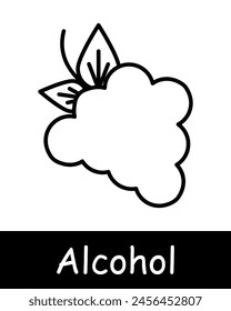 Symbol "Alkoholset". Trauben, Beere, Auswahl, Fermentation, Alterung, natürliche Produkte, Sommelier, Getränk mit Grad, Verkostung, Liebe zu Alkohol, Snack, schwarze Linien auf weißem Hintergrund. Arbeitskonzept Wein.