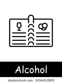 Symbol "Alkoholset". Menü, Inschrift, Auswahl, Fermentation, Alterung, natürliche Produkte, Sommelier, Getränk mit Abschluss, Verkostung, Liebe zu Alkohol, Snack, schwarze Linien auf weißem Hintergrund. Arbeitskonzept Wein.