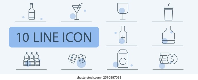 Alcohol set icon. Wine bottle, martini, whiskey, soft drink, distilled beverage, liquor storage, beer crate, cheers, alcohol price, drink economy.