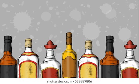 Alcohol set: whiskey, gin, tequila, rum. Sketch style vintage illustration.