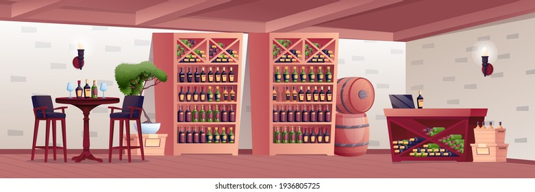 Alkoholshop-Interiordesign-Hintergrund. Weinladen mit Bartisch zum Verkochen mit Brillen, Regale mit Flaschen, Fässern, Tresen mit Vektorgrafik. Horizontales Panorama.