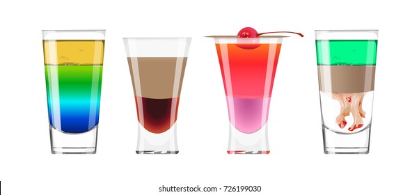 Alcohol shots set. Glasses with fruits, juices or liquer.