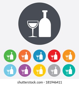 Alcohol sign icon. Drink symbol. Bottle with glass. Round colourful 11 buttons. Vector