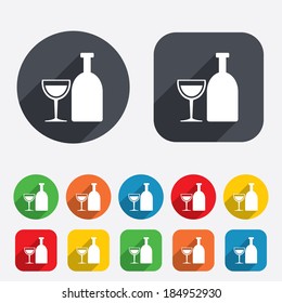 Alcohol sign icon. Drink symbol. Bottle with glass. Circles and rounded squares 12 buttons. Vector