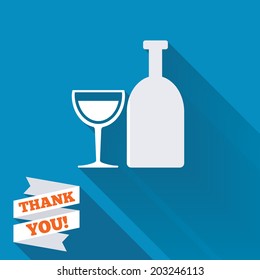 Alcohol sign icon. Drink symbol. Bottle with glass. White flat icon with long shadow. Paper ribbon label with Thank you text. Vector