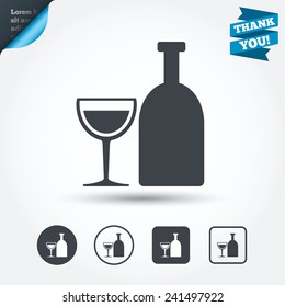 Alcohol sign icon. Drink symbol. Bottle with glass. Circle and square buttons. Flat design set. Thank you ribbon. Vector