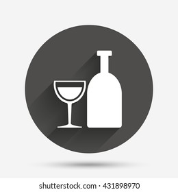 Alcohol sign icon. Drink symbol. Bottle with glass. Circle flat button with shadow. Vector