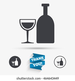 Alcohol sign icon. Drink symbol. Bottle with glass. Flat icons. Buttons with icons. Thank you ribbon. Vector