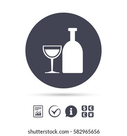 Alcohol sign icon. Drink symbol. Bottle with glass. Report document, information and check tick icons. Currency exchange. Vector