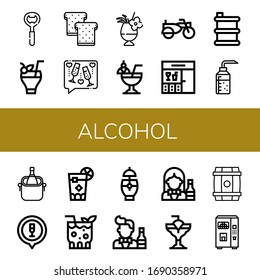 Alkohol einfachen Symbole gesetzt. Enthält solche Symbole wie Flaschenöffner, Cocktail, Toast, Sidecar, Bar, Barrel, Alkohol, Eiseis Eimer, Cuba libre, Bartender, kann für Web, Handy und Logo verwendet werden
