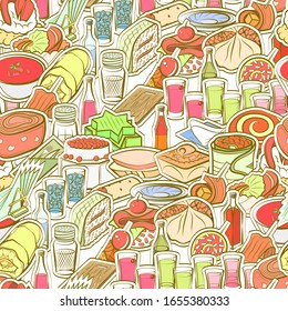 Alcohol, Snacks and Table setting pattern. Background for printing, design, web. Seamless. Colored.
